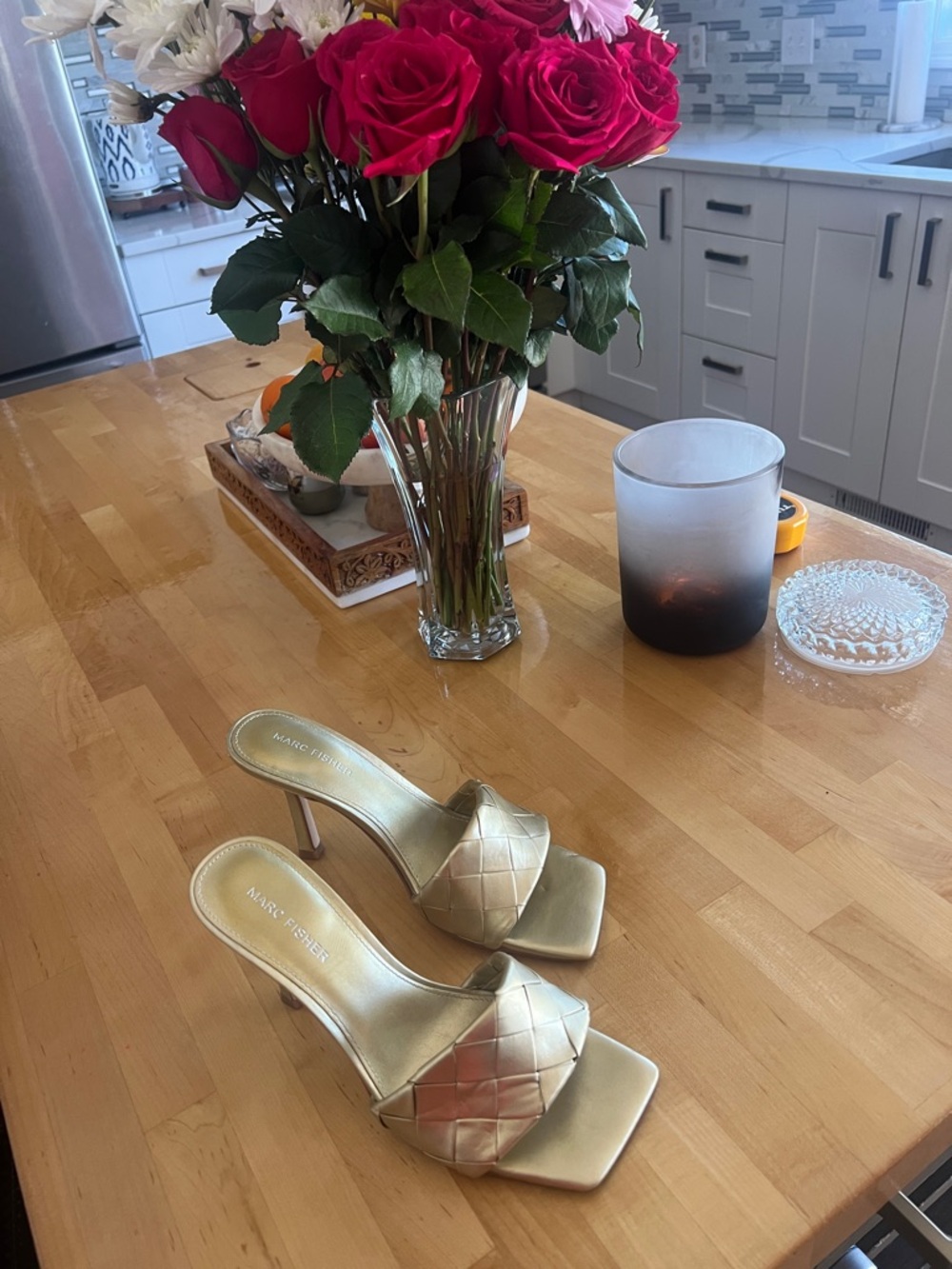 Marc Fisher Metallic Gold Woven Slide Sandals